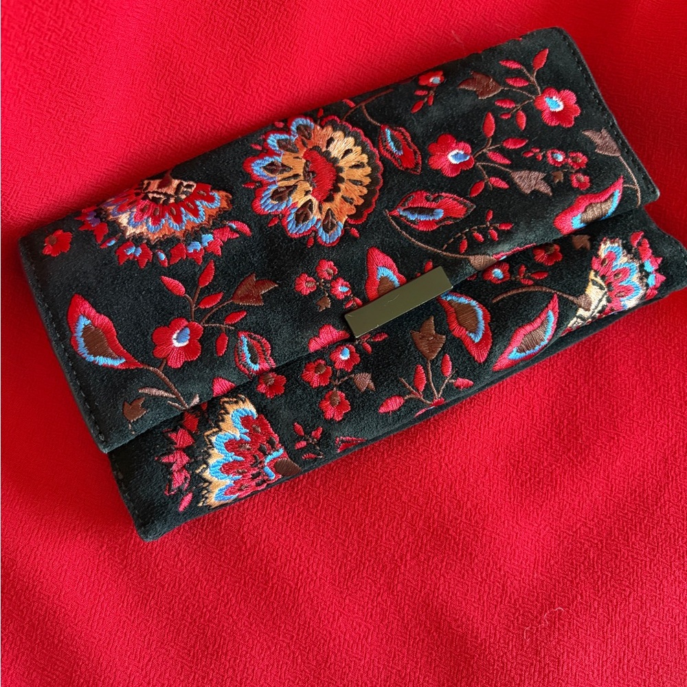 Loeffler Randall Black Suede Embroidered Floral Clutch with Multicolor Accents